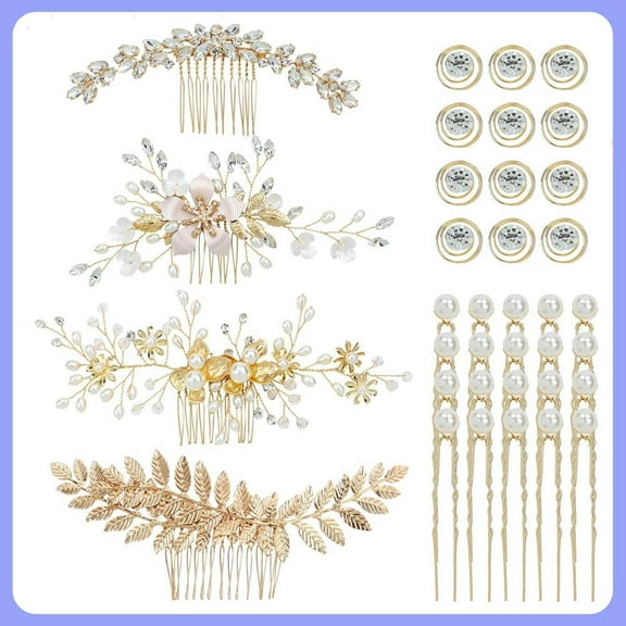 36 Pack Sparkly Rhinestone Leaf Flower Bridal Metal Hair Side Combs U-shaped Pearl Hair Pins Clips Barrettes Headpieces Wedding Hair Accessories