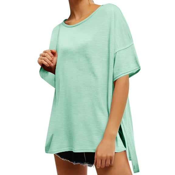 Women's Short Sleeve Workout Shirts Oversized Crewneck Sports Yoga RunningTops Loose Fit Side Split Tee