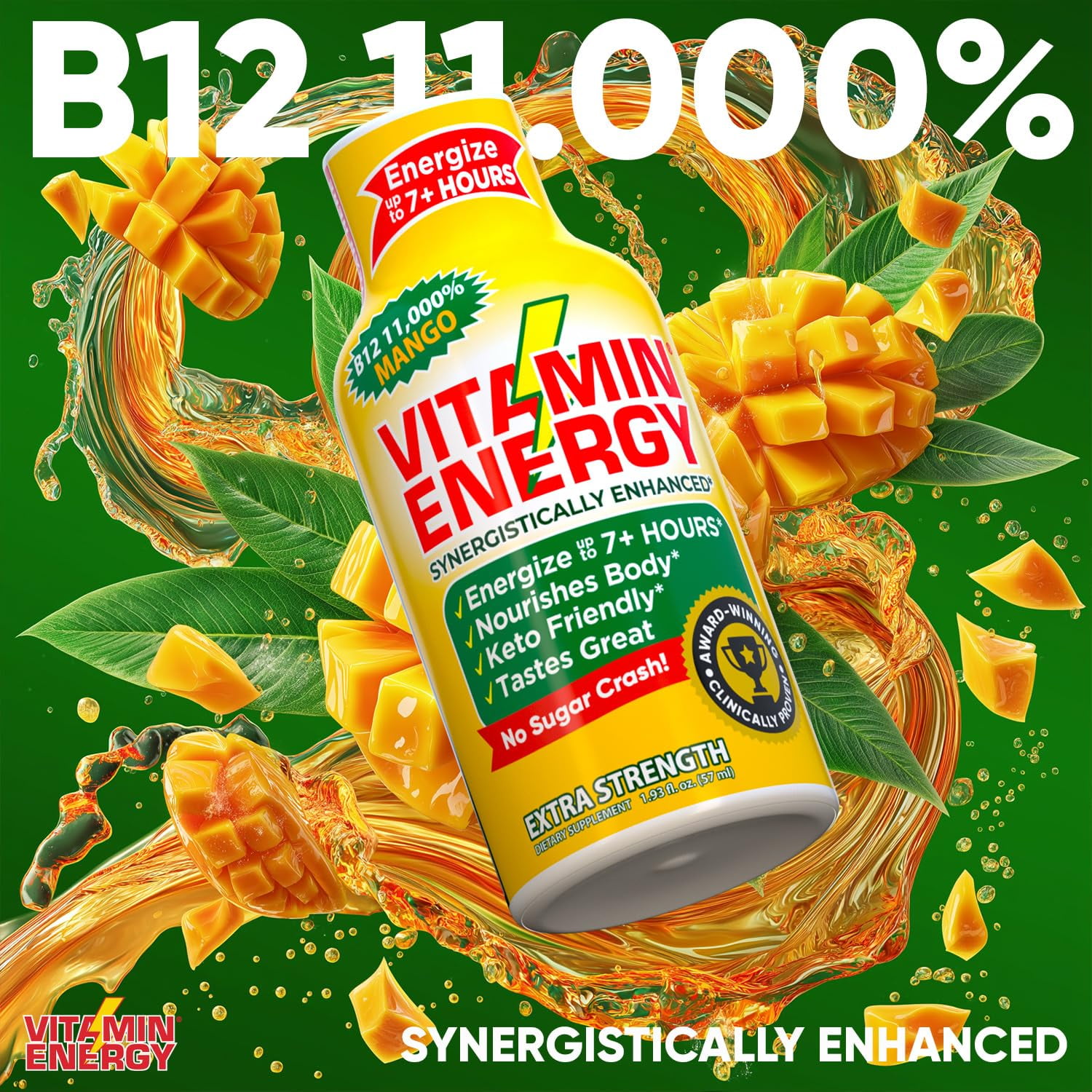 Vitamin Energy B12 Extra Strength Shot, Mango, 12 Pack – 260mg Natural Caffeine, 11,000% DV B12 & B6, Zero Sugar, 1.93 fl oz