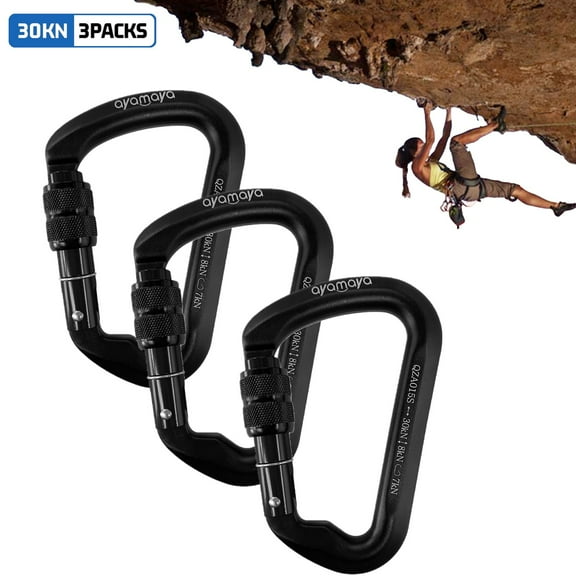 KANCOKIT 3Pack Screwgate Locking Carabiner D-Ring Clip Hook,  30KN Heavy Duty Carabiner Hook for Climbing Caving, Black