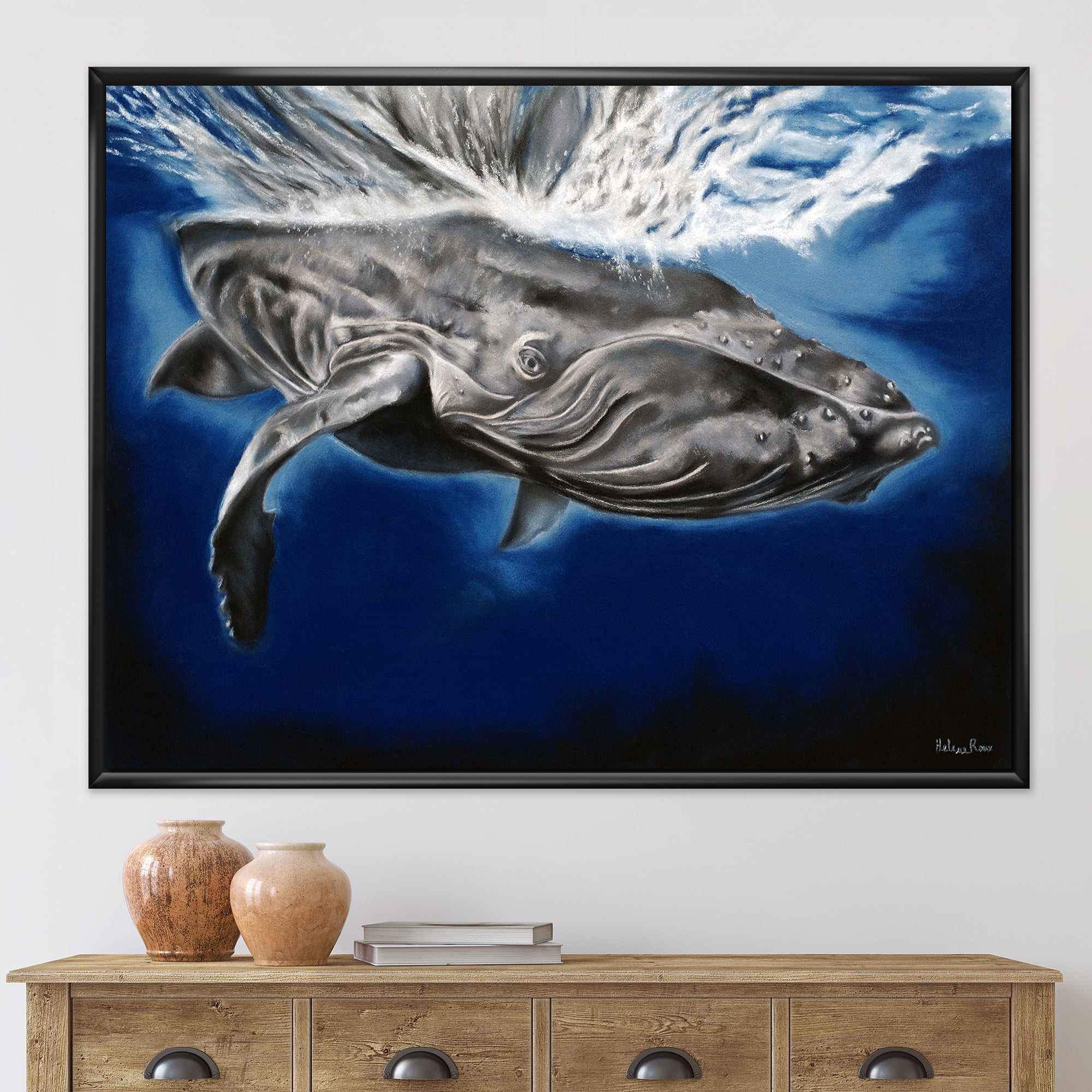 Close Up Portrait Of A Humpback Whale 20 in x 12 in Framed Painting Canvas Art Print, by Designart