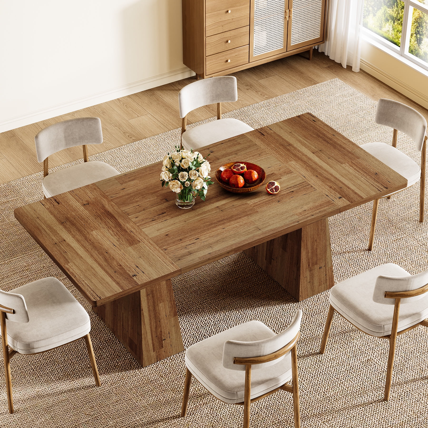 Finmind 63-inch Farmhouse Dining Table for 4-6 People, Modern Wooden Rectangular Kitchen Table for Dining Room, Light Brown
