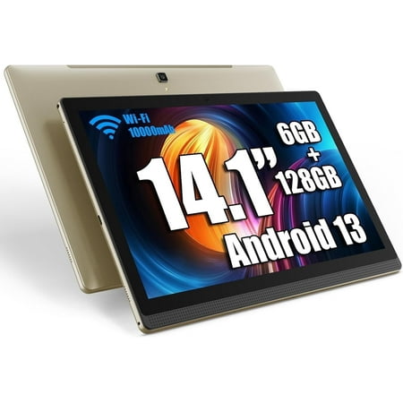 MESWAO 2025 14.1 Inch Android Tablet Large Screen Tablet with1080P IPS FHD Display,8 Core+6GB+128GB, 1TB Expand+WiFi 5+10000 mAh 10Hours Long Battery Life(Gold)