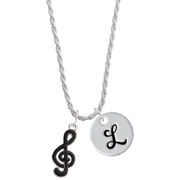 Delight Jewelry Silvertone Black Clef Silvertone Script Initial Disc - L - Charm Necklace, 20"+3"