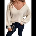 thumbnail image 1 of Suéter de Cuello en V con Hombros Descubiertos para Mujer, Camisa Ajustada de Larga, Suéter con Lazo en la Espalda Caqui XL, 1 of 9