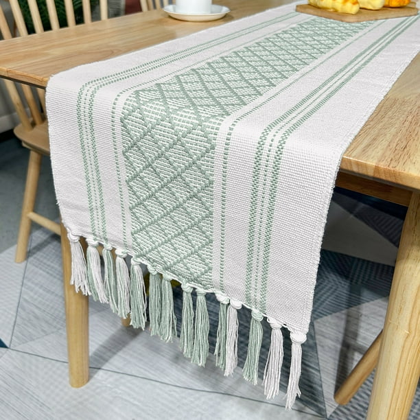 Nvzi Mantel de lino y algodón con borlas hecho a mano, mantel para mesa de té, mantel para mesa de té, mantel para mesa de té (verde, 300 x 35 cm)