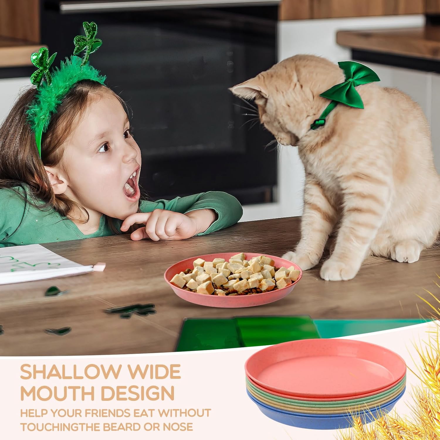 8 Pcs Whisker Fatigue Cat Bowls, 6 Inch Shallow Cat Food Dish Wide Cat Feeding Bowls, Wheat Straw Pet Plate for Kittens and Short Legged Cat