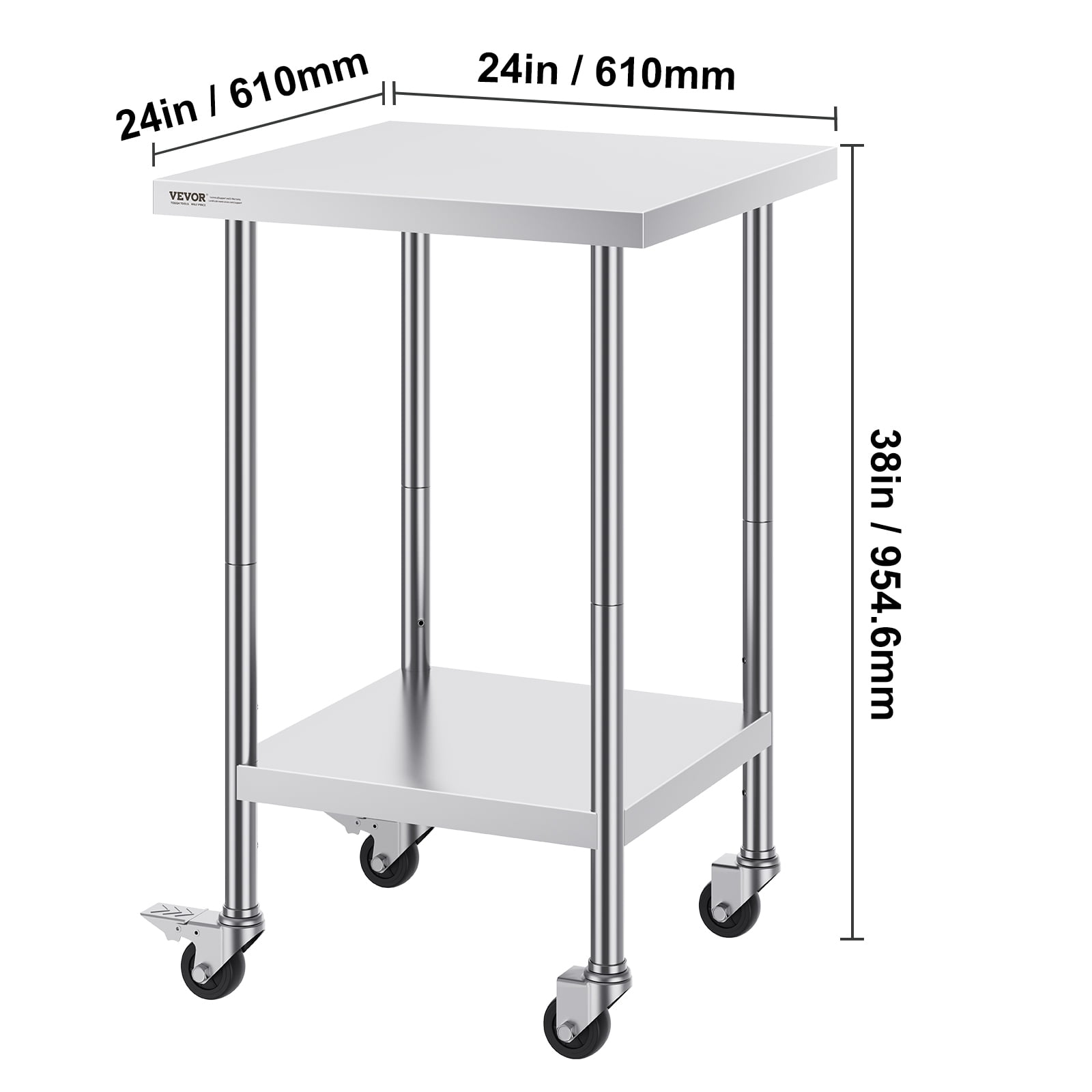 VEVOR Stainless Steel Work Table 24 x 24 x 38 Inch, 700 LBS Load Capacity with 4 Wheels, 3 Adjustable Height Levels, Heavy Duty Food Prep Worktable for Commercial Kitchen Restaurant, Silver