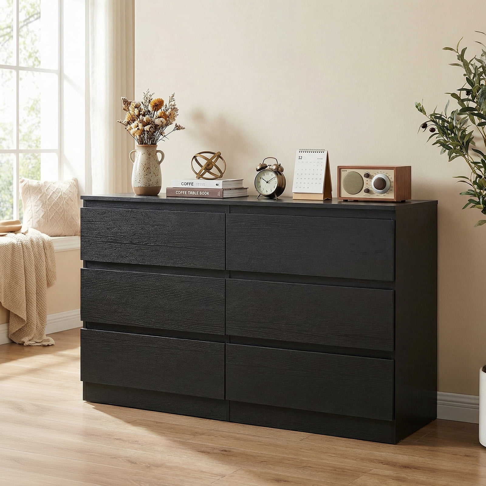 TrumanPick Black Dresser 6 Drawer Wood Dresser for Bedroom 47"W Chest of Drawers for Living Room, 16"D x 31"H