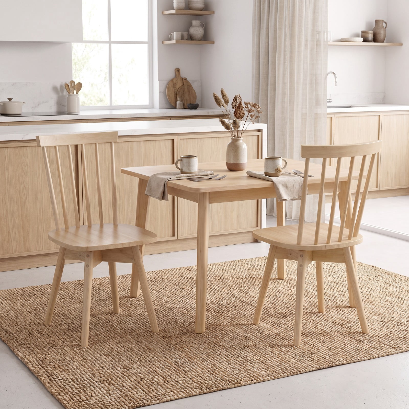 Furnibear Windsor Dining Chairs Set of 2 Mid Century Rubber Wood Kitchen Chairs with Swivel Seat for Kitchen Dining Room Living Room Home, Natural