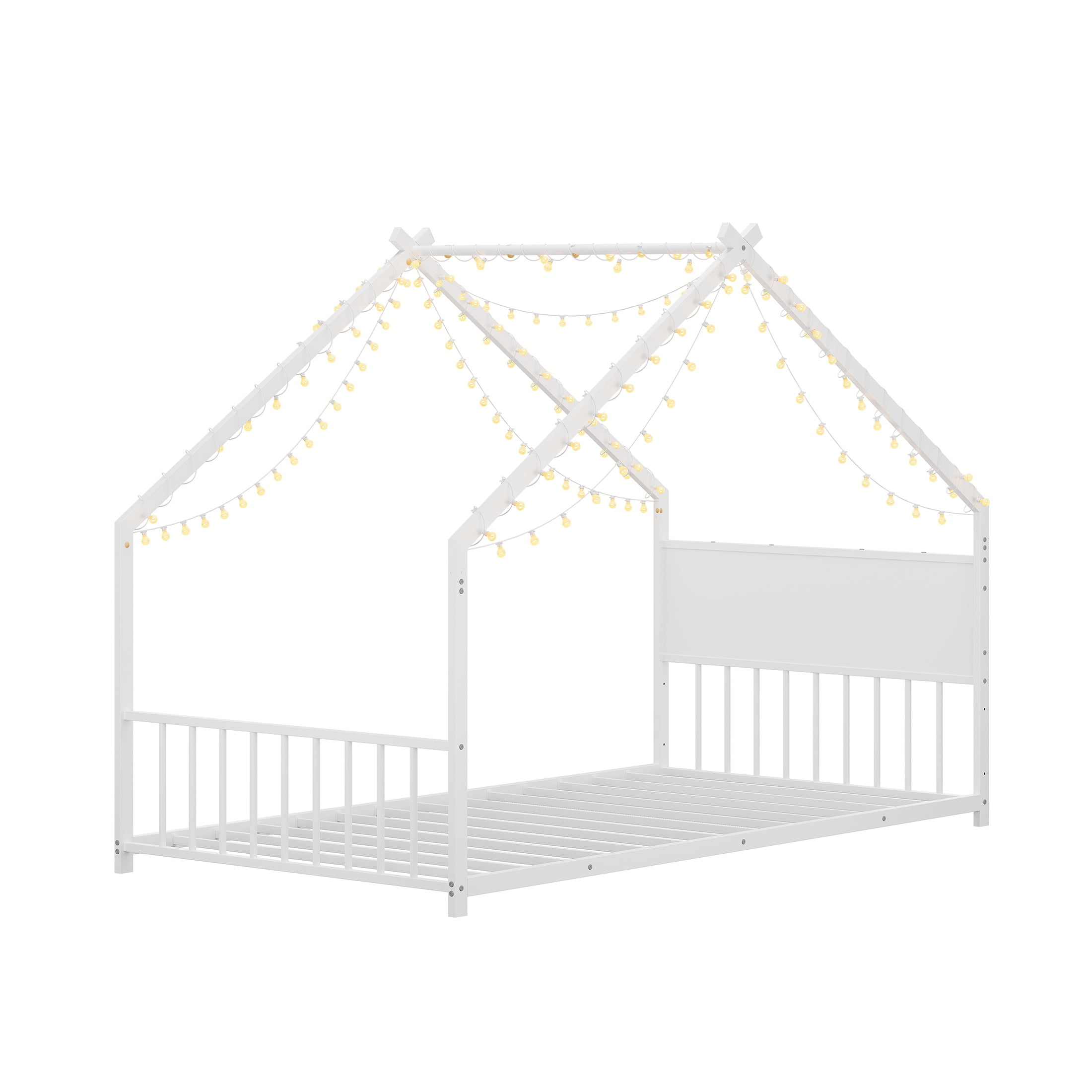 PORKISS Twin Size Floor Bed, Metal Toddler Bed with LED Light Strips, Slat, Fence, No Box Spring Needed, Montessori Bed, Full House Bed Frame for Kids, Boys, Girls, White #2