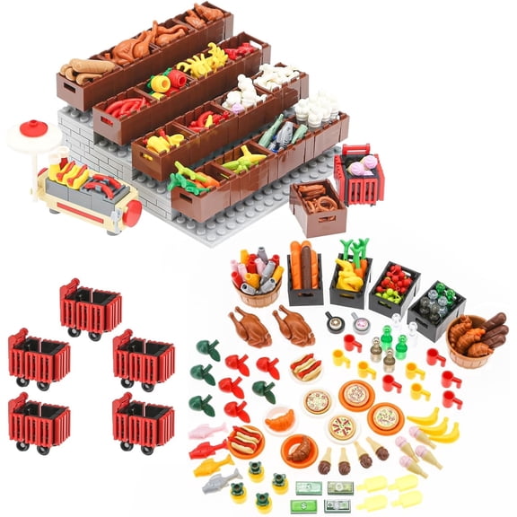 383 Pcs City Food Bricks Set, Picnic & Grocery Store Accessories with Shopping Carts & Food Displays, Includes Turkey, Fish, Bread, Vegetables & More