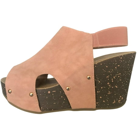 - Mara-26 Women Cork Platform Wedge Open Toe Elastic Stretchy Slingback Softbed Shoe Sandal Pink