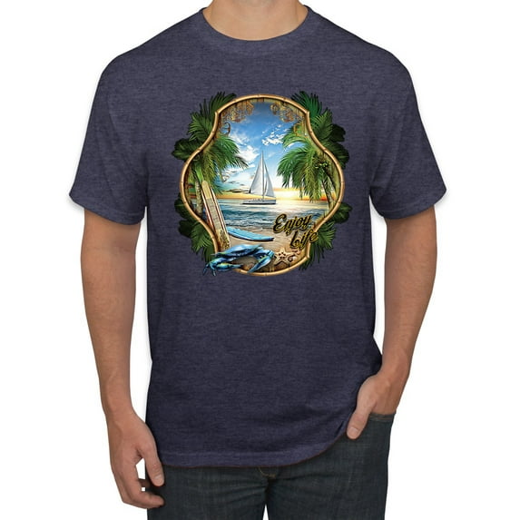 Wild Bobby, Enjoy Life Vintage Beach Surf Sailboat, Pop Culture, Men Graphic Tee, Vintage Heather Navy, 5X-Large