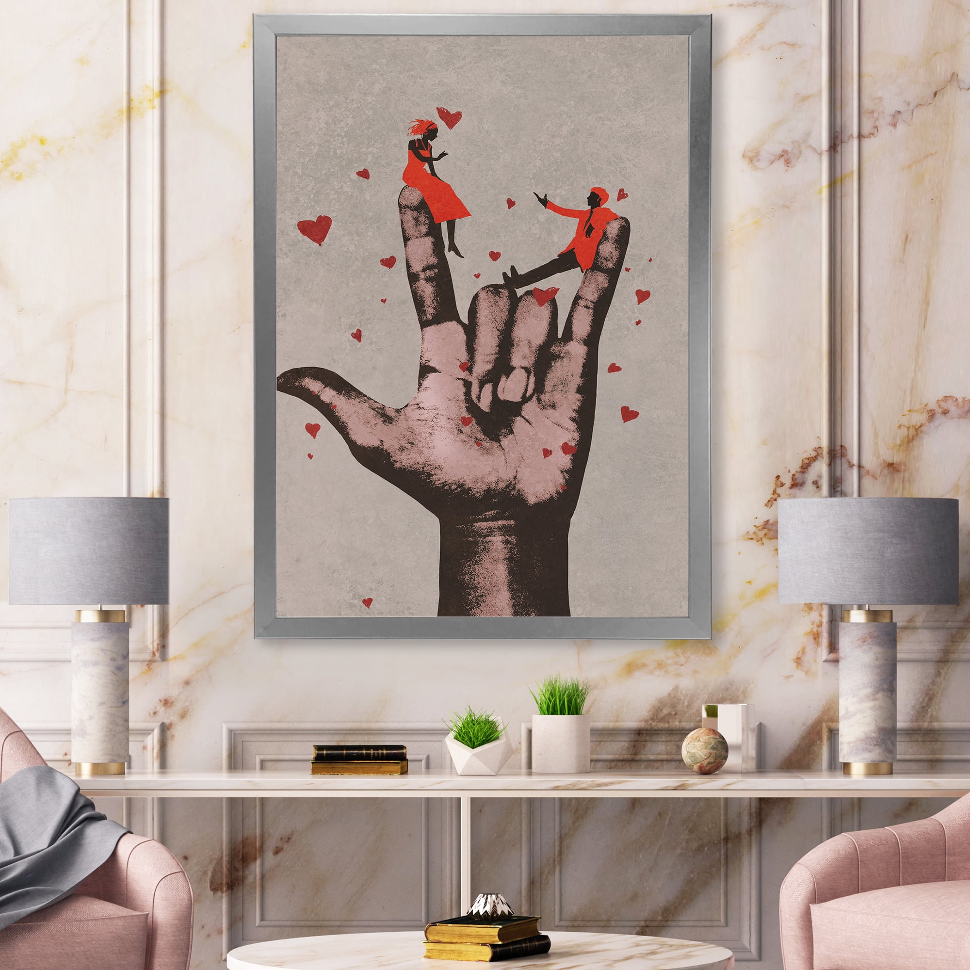 Designart 'I Love You Hand Sign With Romantic Couple' Modern Framed Art Print