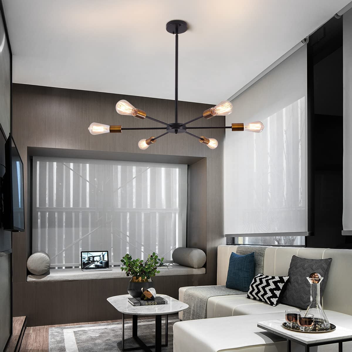 Garwarm Sputnik Chandeliers 6-Light Modern Ceiling Light Fixture Industrial Metal E26 Hanging Pendant Lamp for Farmhouse Kitchen Living Room Lighting