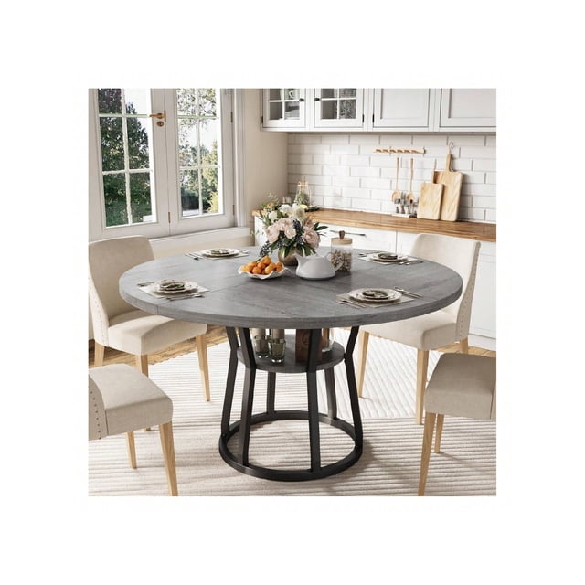 Ourlova 42inch Round Farmhouse Dining Table For 4 to 6 People Rustic Wood Kitchen Table With Storage Shelf Space Saving Circle Dinner Table For Small Spaces Apartments Dining Room and Living Room