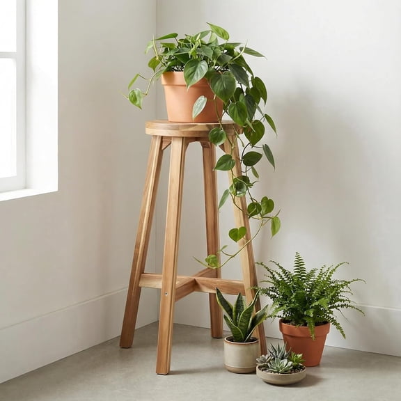 Round Stool Acacia Wood, 28" Height, 11" Round Top, Backless, Easy Assembly, Natural Wax Finish, Wooden Stool for Plant, Dining Room, Living Room, Garden, Makeup