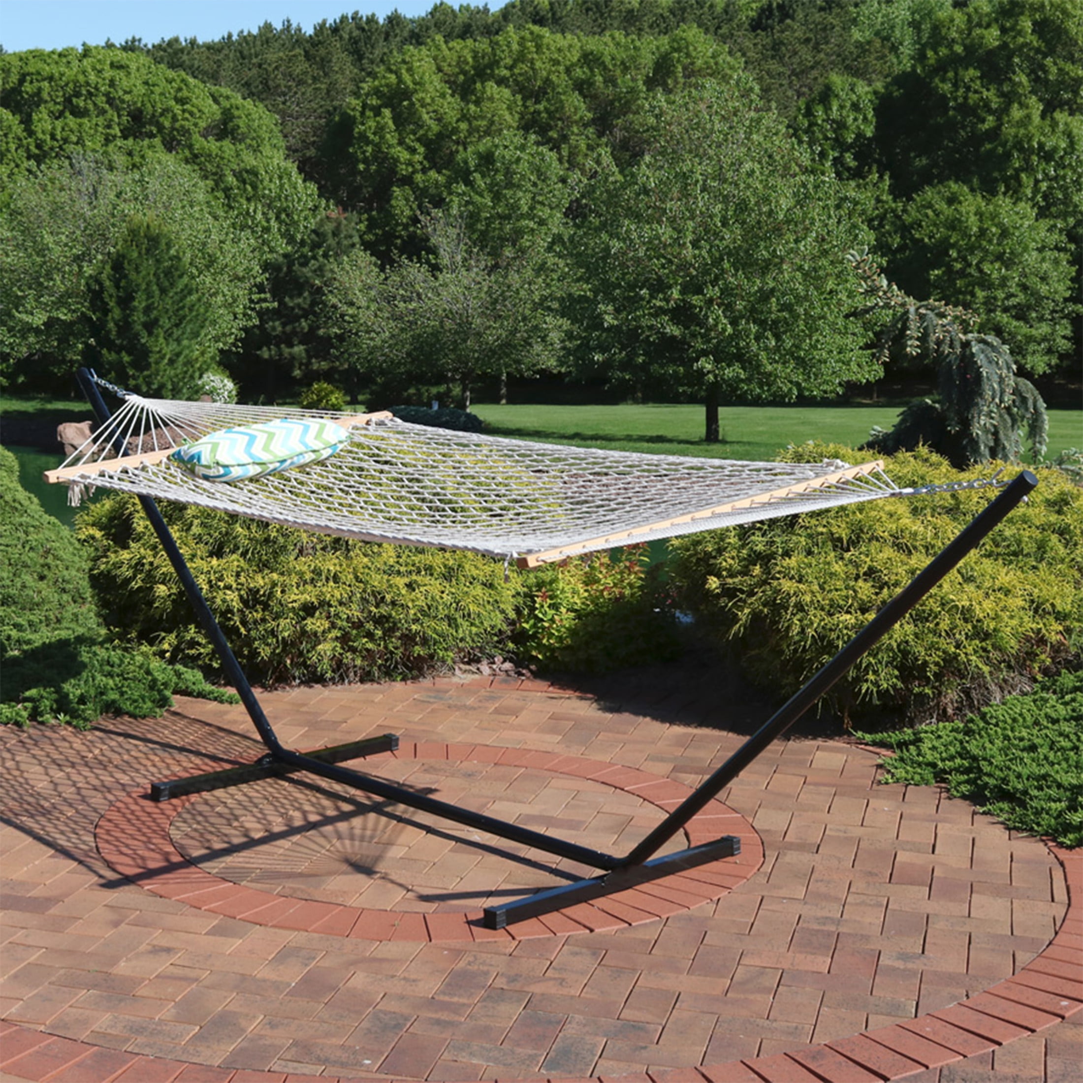 Sunnydaze 2-Person Polyester Spreader Bar Hammock with Stand, 275 lb Capacity - Blue and Green