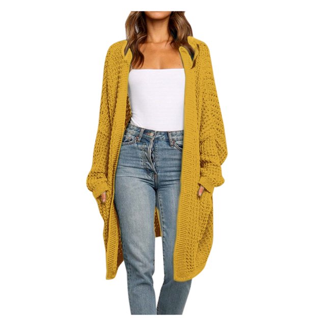 CHUANK Womens Patchwork Cardigan Long Sleeve Open Front Knit Sweaters Coat Pockets Yellow M