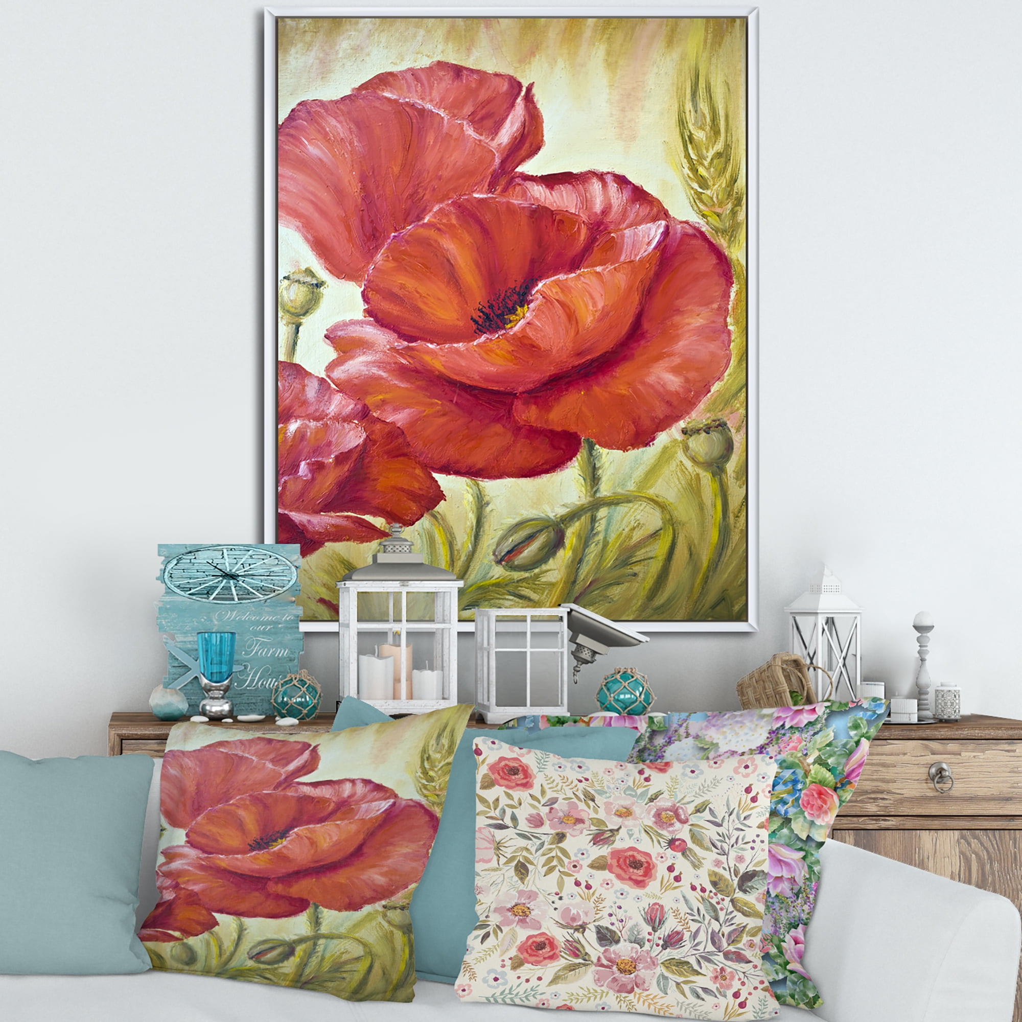 Designart 'Blossoming Red Poppies In Wheat Fields I' Traditional Framed Canvas Wall Art Print
