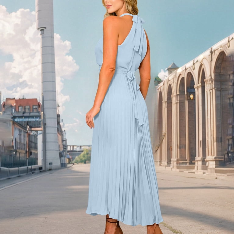 RYRJJ Halter Bridesmaid Dresses for Women Chiffon Ruched Evening Party Gowns  Sleeveless Formal Wedding Guest Long Dresses(Light Blue,S) - Walmart.com
