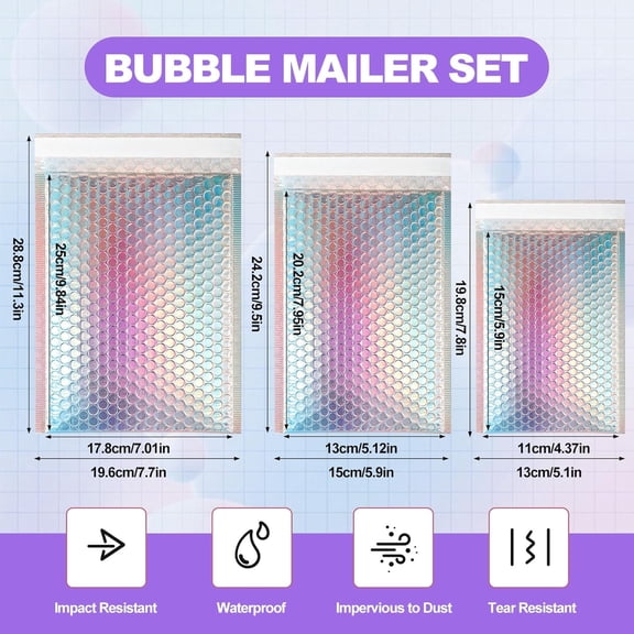 50 Pcs Metallic Bubble Mailers,With Thank You Cards and Stickers,Holographic Bubble Mailers,Self Seal Poly Padded Envelopes,Adhesive Shipping Bag,Cushion Envelopes for Mailing Small Business$$