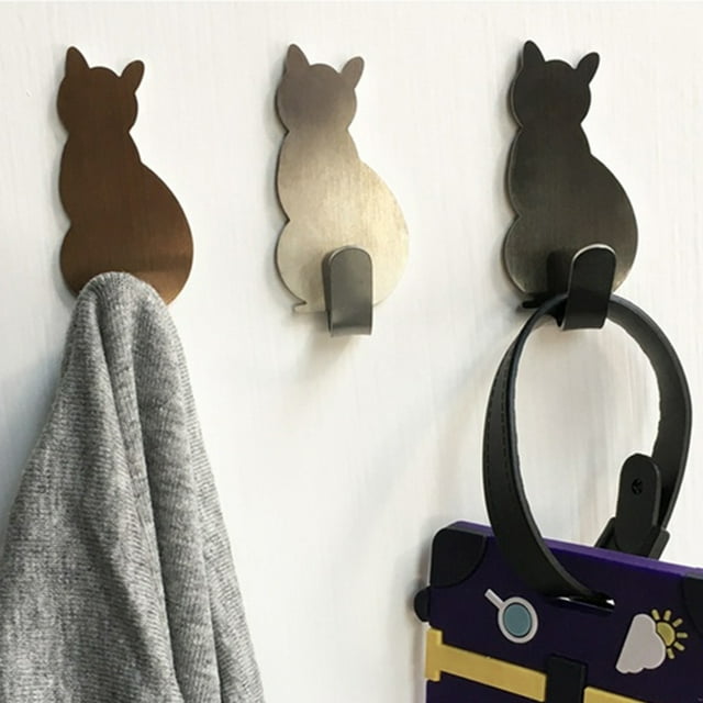 Visland 2Pcs Hook Sturdy Strong Adhesive Cat Design Stainless Steel Sticky Hook for Kitchen