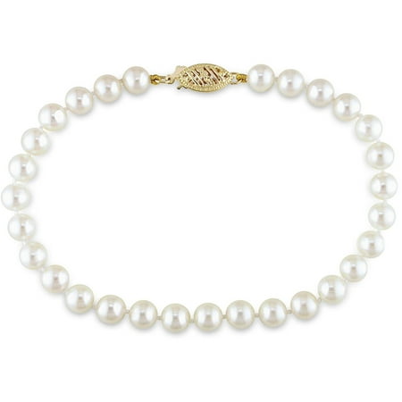 Miabella 5-5.5mm White Round Cultured Akoya Pearl 14kt Yellow Gold Strand Bracelet, 7