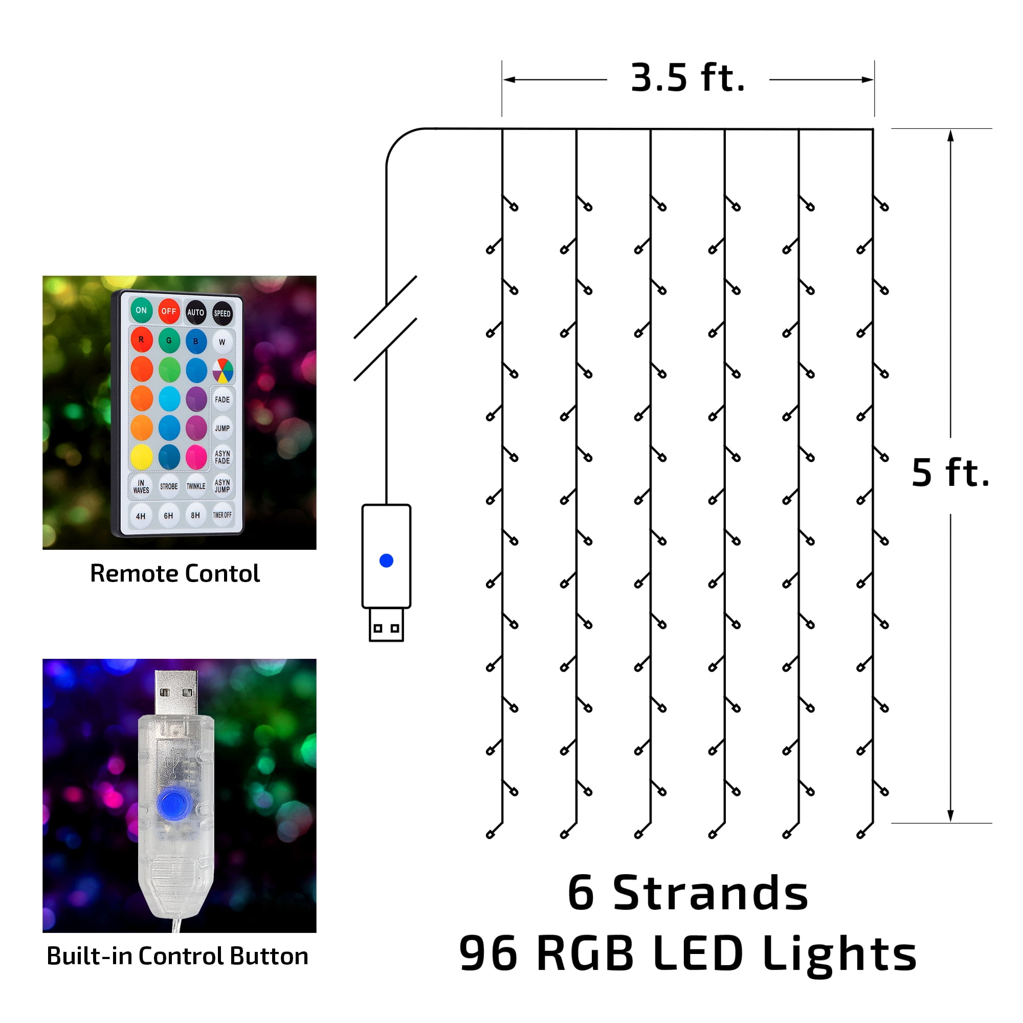 BrightSide Color Changing RGB Curtain Lights with Remote, USB Powered, 5ft H x 3.5ft W