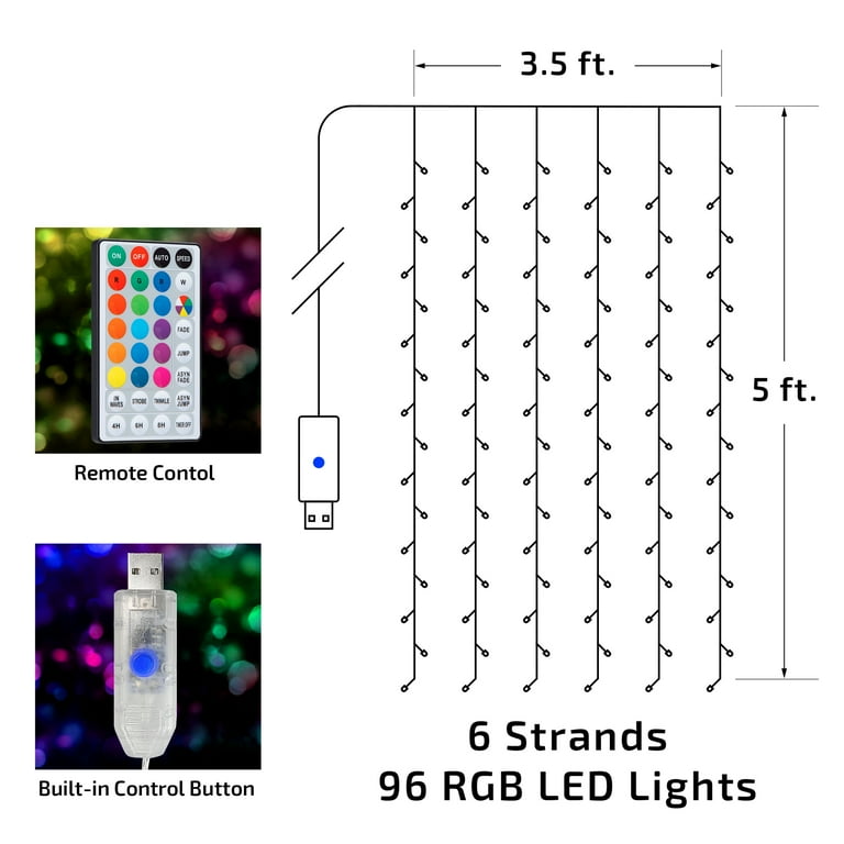 Brightside Color Changing RGB Curtain Lights with Remote USB Powered - 5 x 3.5 ft