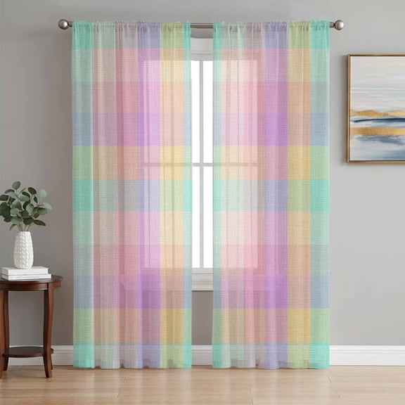 Pink Blue Plaid Sheer Curtains 96 Inch Length 2 Panels Set, Buffalo Checkered Modern Gingham Lattice Voile Window Treatment Semi Sheer Long Curtains Drapes for Bedroom/Living Room/Kitchen 52"x96"x2