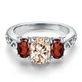 thumbnail image 3 of Gem Stone King 925 Sterling Silver Peach Morganite and Red Garnet Filigree Style 3 Stone Ring for Women (2.14 Cttw, Oval 8X6MM and 6X4MM) (Size 9), 3 of 6