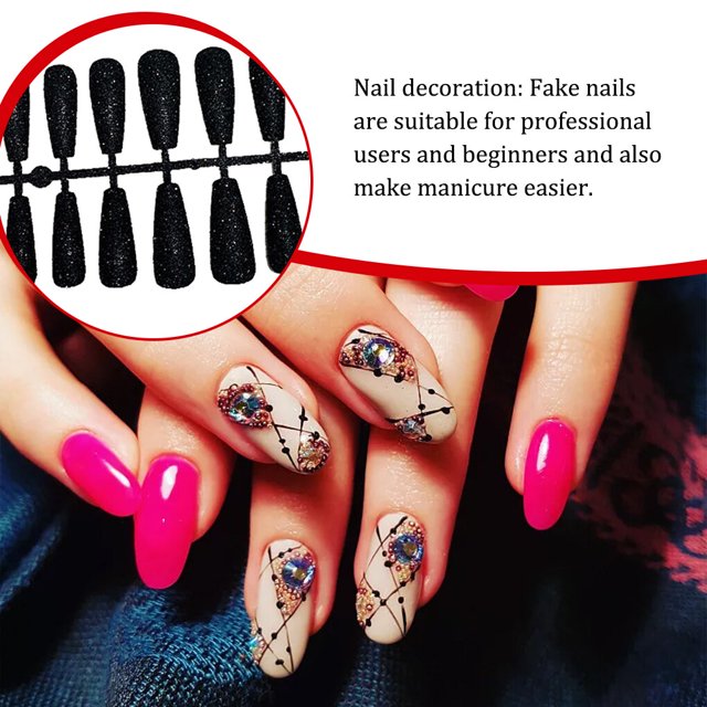 24 Pieces False Nails Glitter Shimmering Powder Full Cover Artificial Nail Tips Simple Operation Fingernail Decal DIY Accessory black