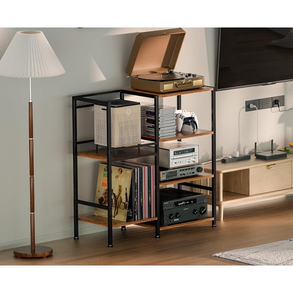 Record Player Stand Table with Vinyl Record Storage Holder-Up to 200  Albums, Small Media Cabinet Console Table Stereo Stand Tower, Audio Video Shelving/Turntable Stand Shelf for Entertainment Center