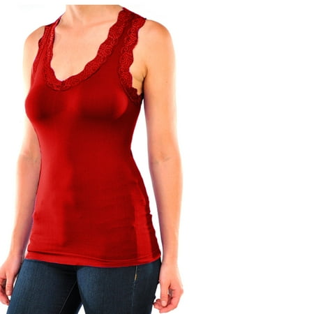 Lace Trimmed Cami - Sexy Seamless Stretch Lace Trim Racerback Basic Tank Top Camisole Cami One Size