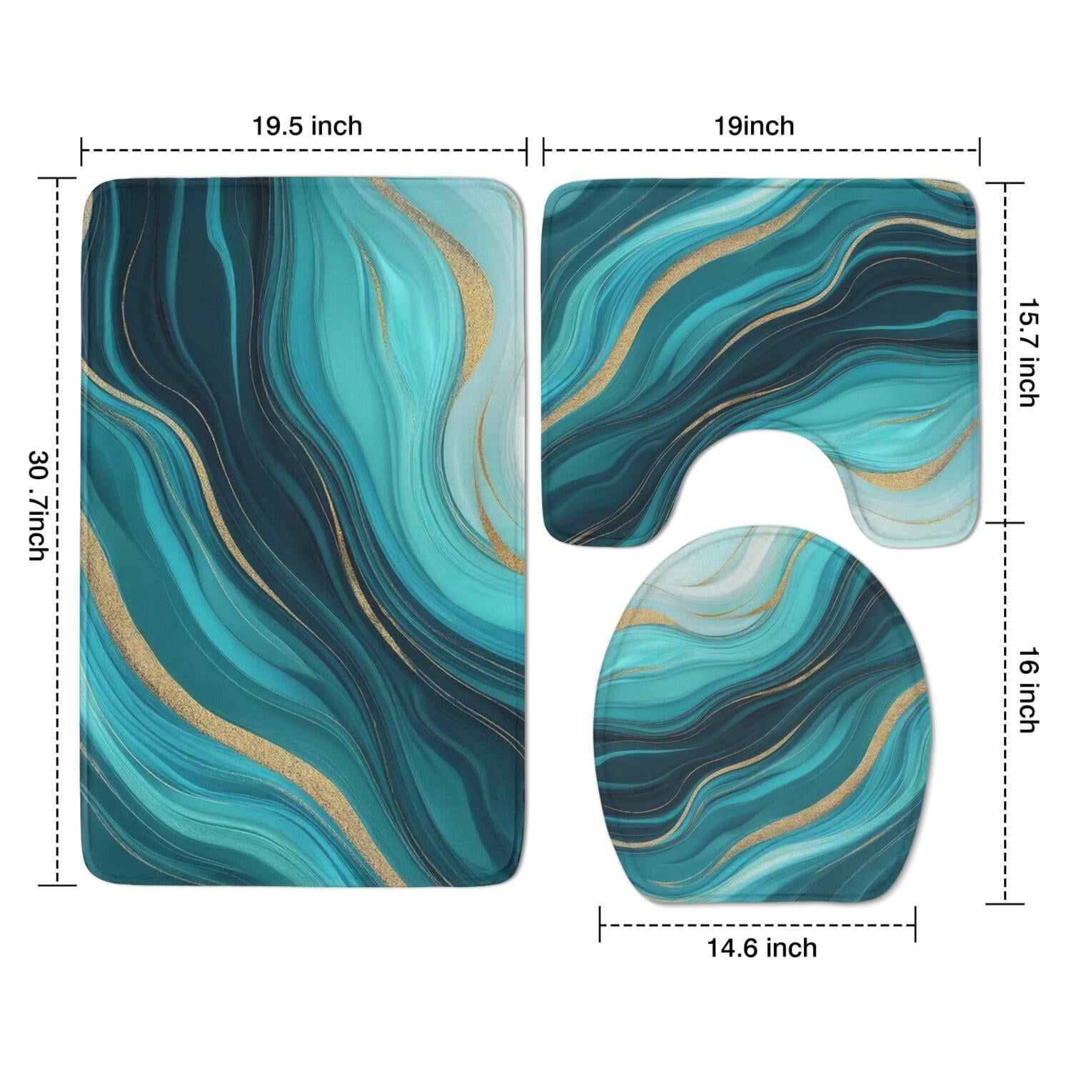 Teal Marble Gold Wave Pattern Bathroom Rugs Sets 3 Piece,Toilet Cover Set,Absorbent Non Slip Bathroom Mats Sets with U-Shaped Contour Rug Toilet Rug Set