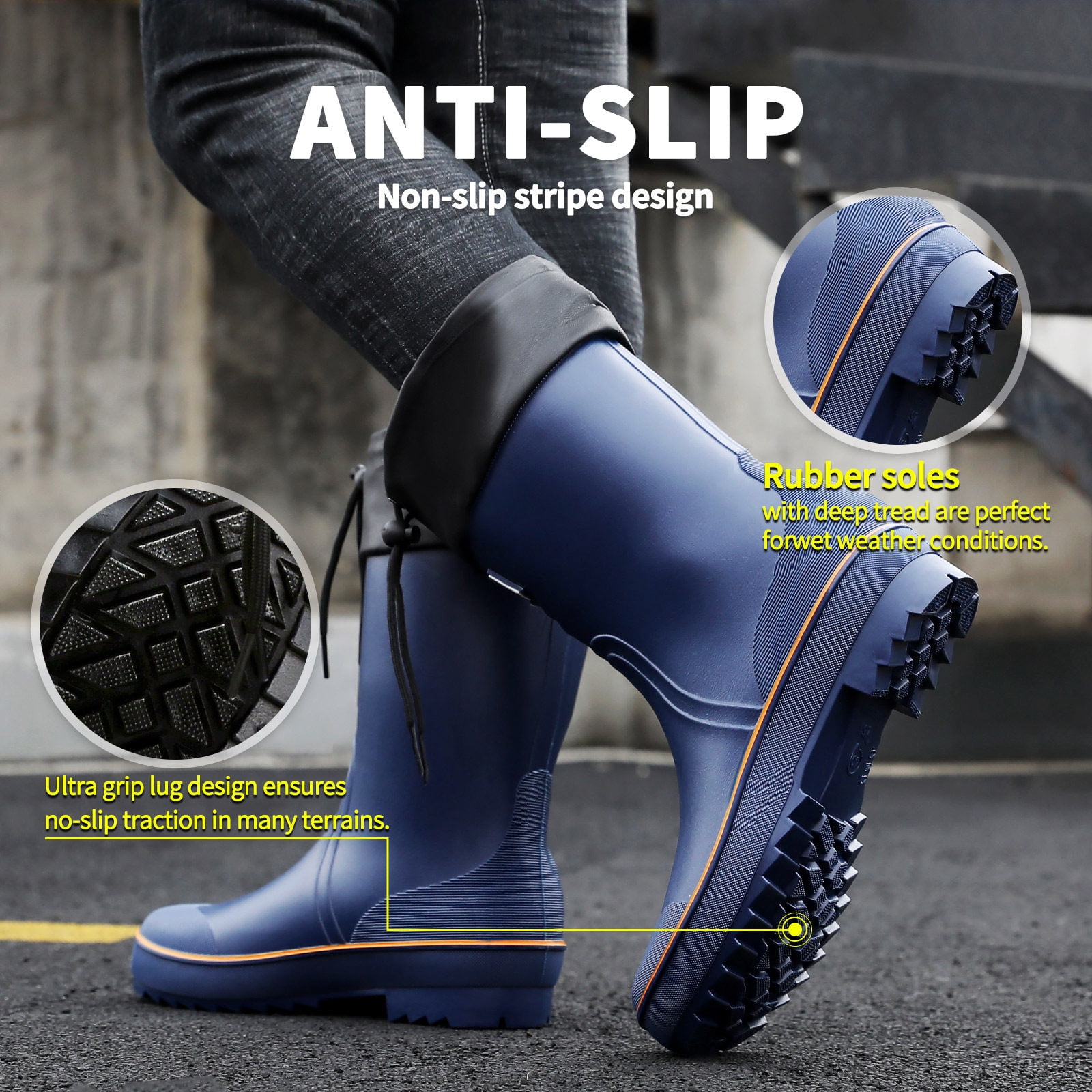 Lcamaw Rubber Rain Boots for Men, Waterproof Men’s Deck Boots with Adjustable Closure, Comfort Lightweight Work Mud Boots, Anti-Slip Mid-Calf Fishing Boots for Farming Gardening Hiking Outdoor