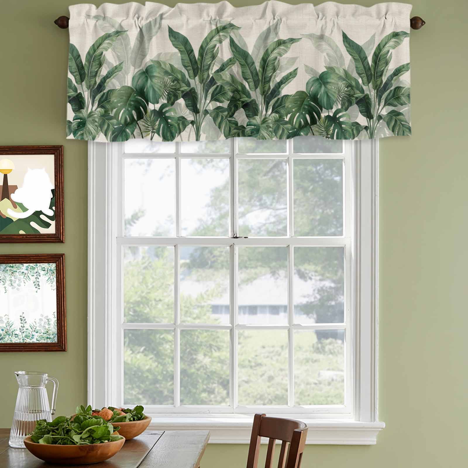 2 Pack Valances for Windows, Palm Leaves Tropical Window Valances for Living Room/Bedroom/Bathroom, Green Botanical Summer Linen Light Filtering Kitchen Curtain Valance Window Treatment 60"W x18" L