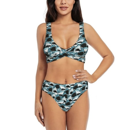 Zeuib Angry Shark High Waisted Tummy Control Bikini Set - Knot Front Push Up Top & Cheeky Thong Bottom  Two-Piece Swimsuit for Women-X-Large