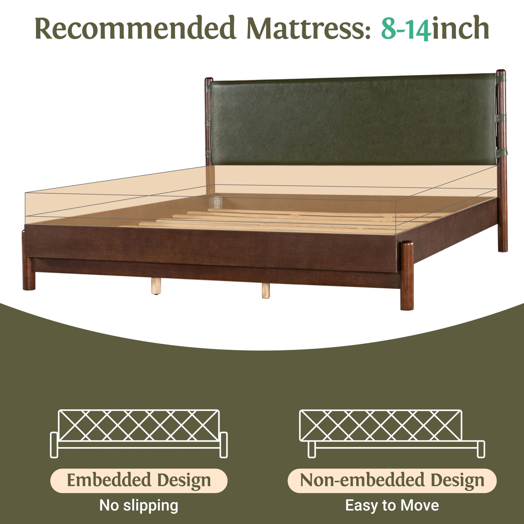 Christopher Knight Home Queen Modern Wood Platform Bed with PU Upholstered Headboard, Walnut+Olive
