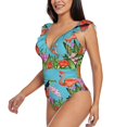 thumbnail image 3 of Yiaed Tropical Jungle Flamingo Print Women's Ruffled One Piece Swimsuit V Neck Swimwear Slimming Monokini for Woman-Large, 3 of 8