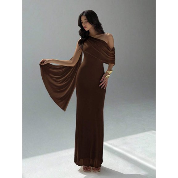 Coffee Brown Womens Asymmetric One Shoulder Ruched Maxi Dress Elegant Evening Gown