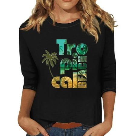 

Qcmgmg 3/4 Sleeve Tops for Women Hawaiian Tropical Crew Neck Shirts Loose Fit Three Quarter Length Tops Casual 2024 Summer T Shirts Black S