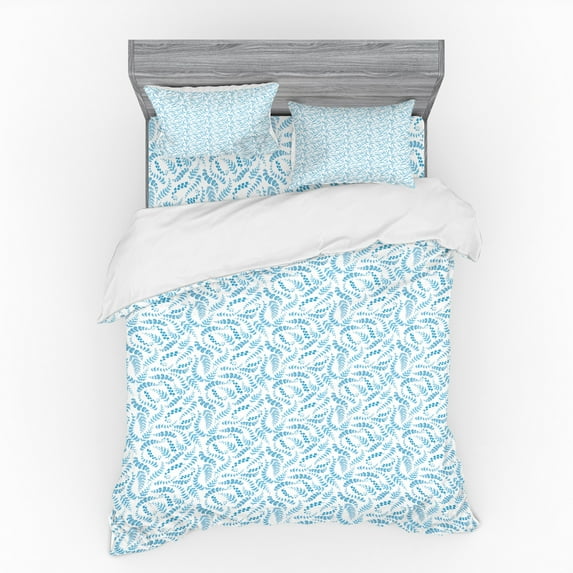 Botanical Duvet Cover Set, Continuous Pattern of Monochromatic Style Various Leafy Branches, Bedding Set with Shams and Fitted Sheet, 3 Sizes, by Ambesonne