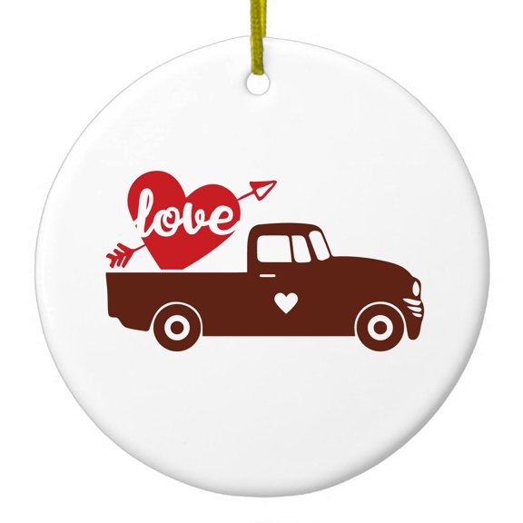 DistinctInk Hanging Ceramic Christmass Tree Ornament with Gold String - Great Gift / Present - 2 3/4 inch diameter - Valentine Truck Red Love Heart Arrow