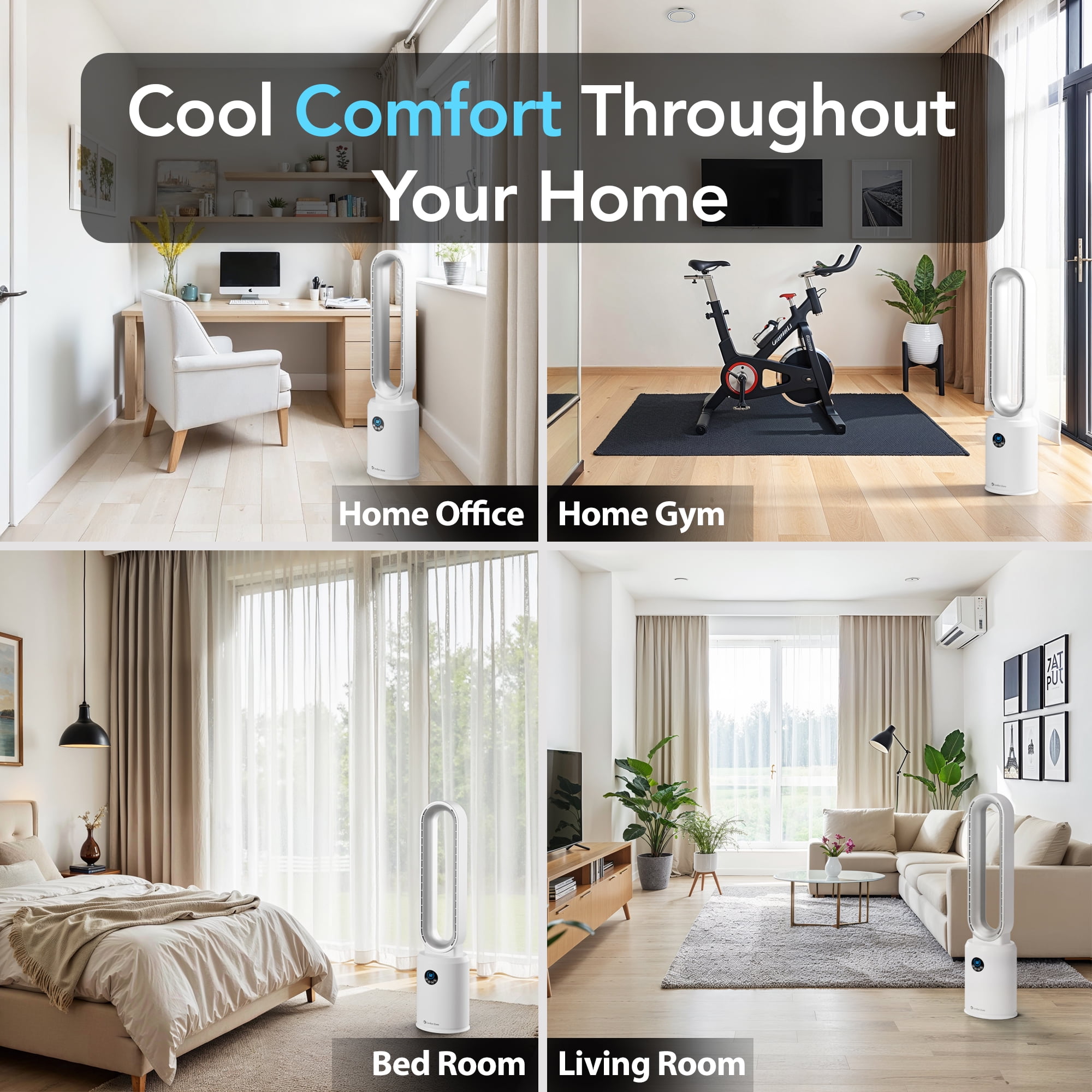 Comfort Zone 40" Bladeless Tower Fan with Remote Control, 9H Timer, White