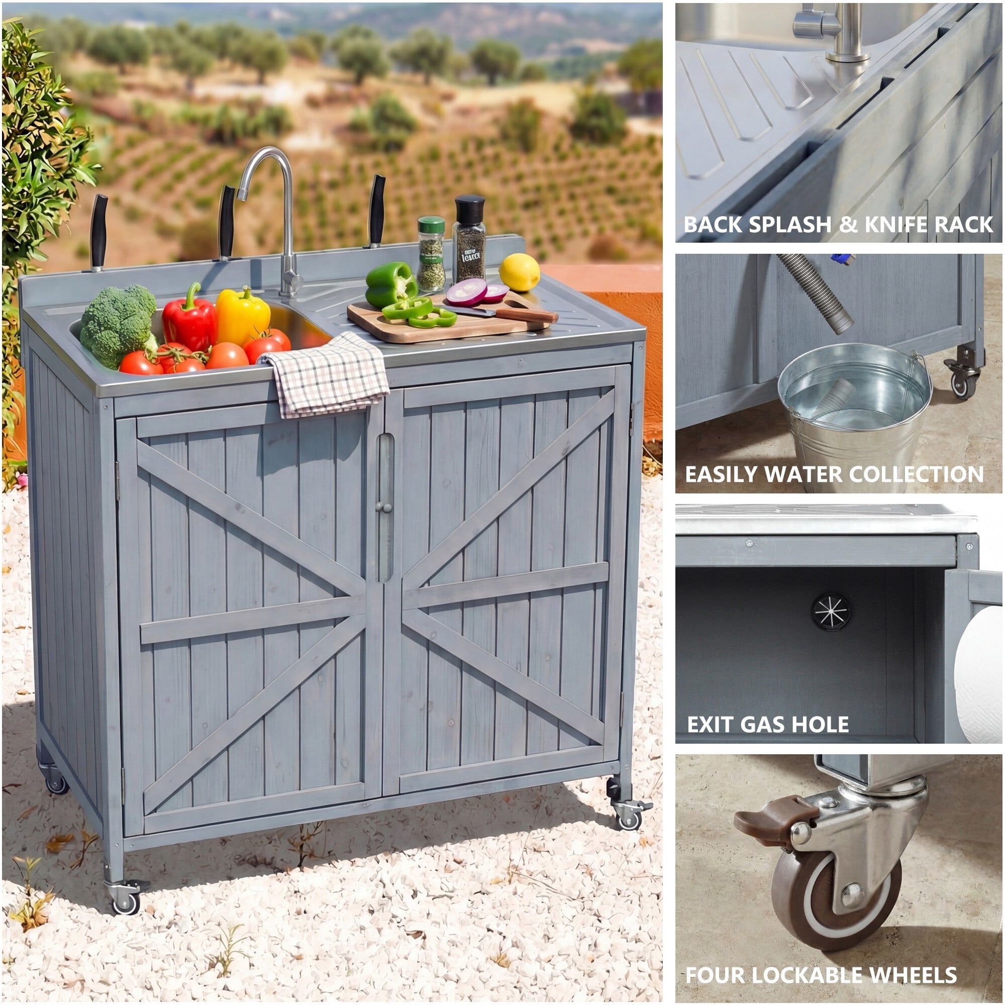 AENKYO 39.4" Outdoor Kitchen Island with 304 Stainless Steel Sink, Wood Prep Station with Faucet & Wheels, Gray Blue
