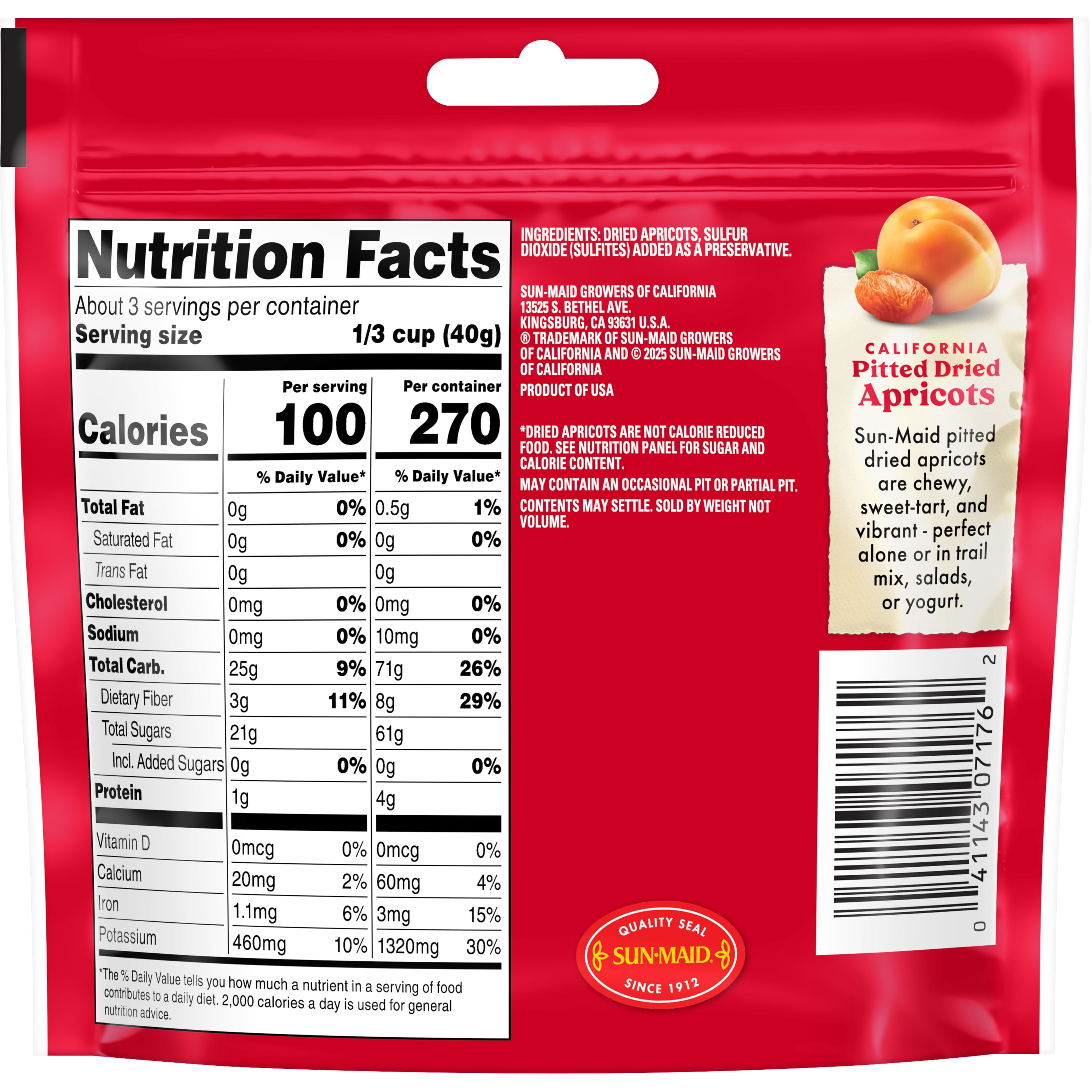 Sun-Maid California Pitted Dried Apricots, Dried Fruit Snack, 4 oz Bag