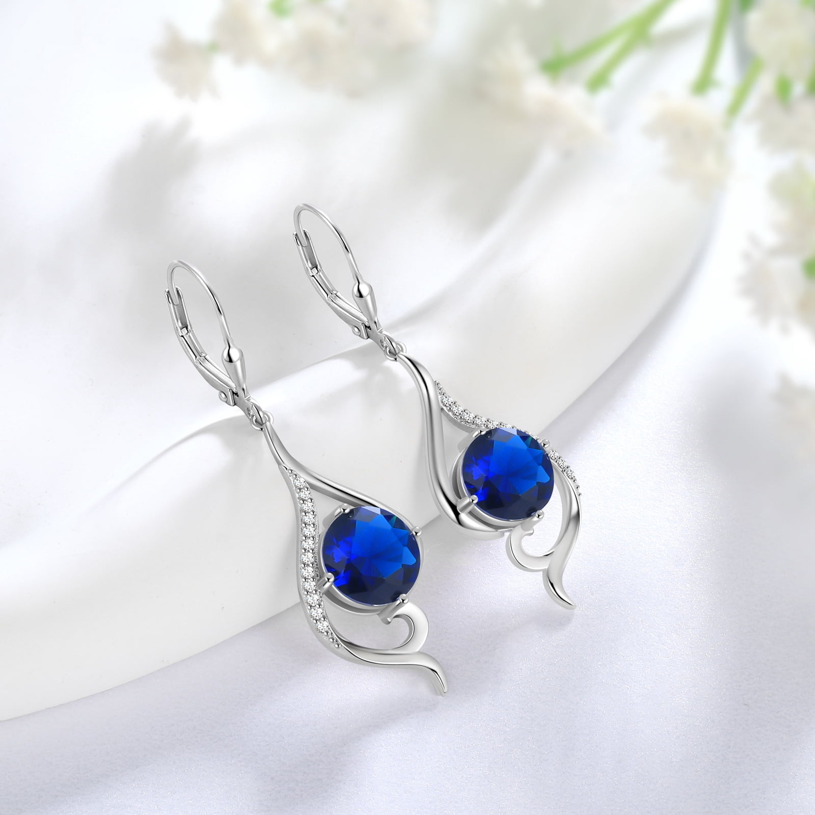 Juwaliy Women Blue Sapphire Dangle Earrings September Birthstone Sterling Silver Earring Leverback Tail Jewelry Mom Christmas Birthday Valentines Mothers Day Gift for Her